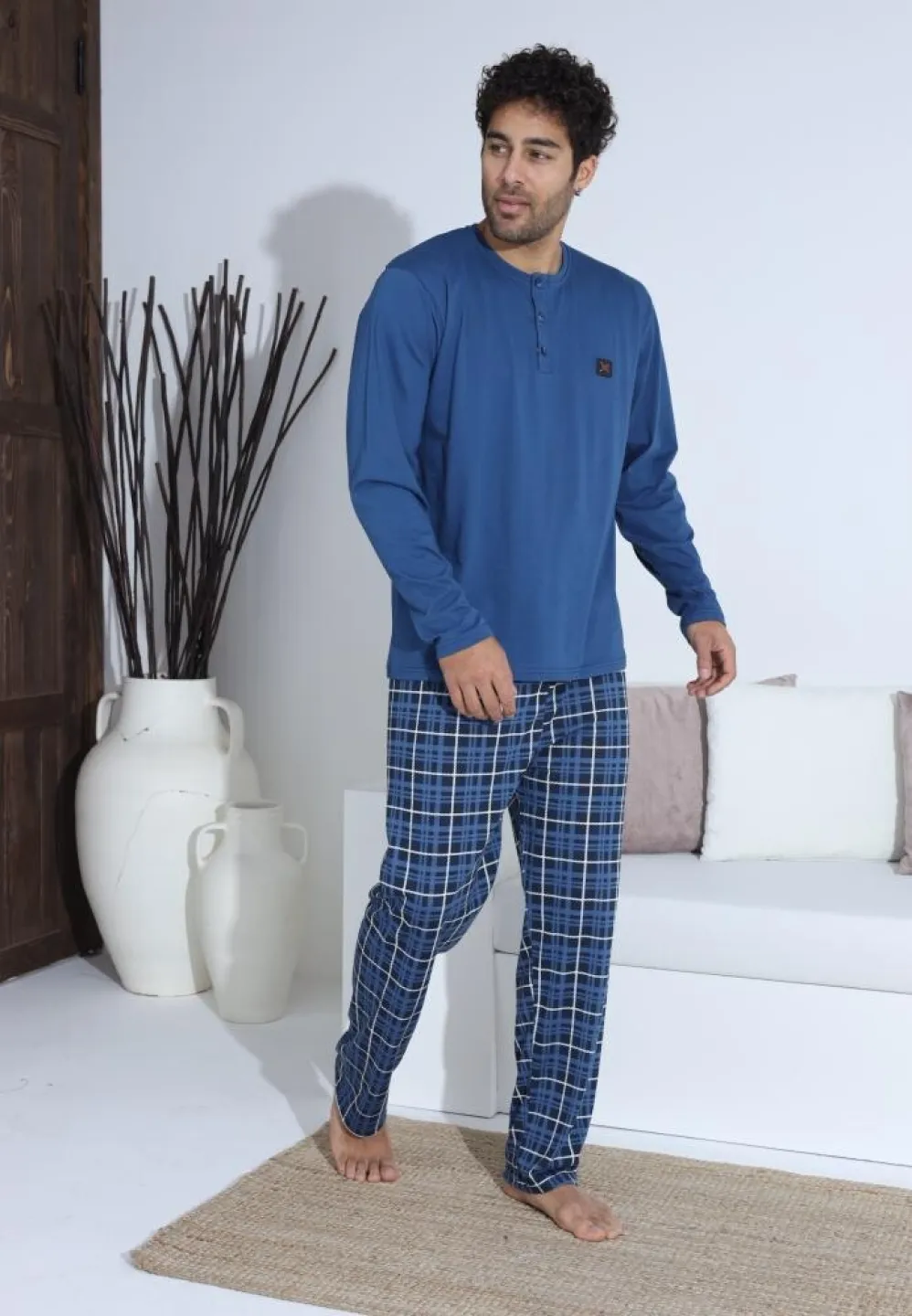 Pijama bărbați cu carou, cu nasturi, mânecă lungă și pantaloni lungi, Albastru cu Alb - 3