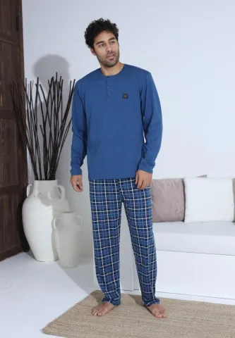 Pijama bărbați cu carou, cu nasturi, mânecă lungă și pantaloni lungi, Albastru cu Alb