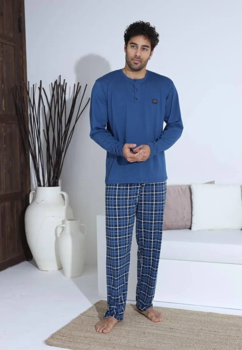 Pijama bărbați cu carou, cu nasturi, mânecă lungă și pantaloni lungi, Albastru cu Alb - 4