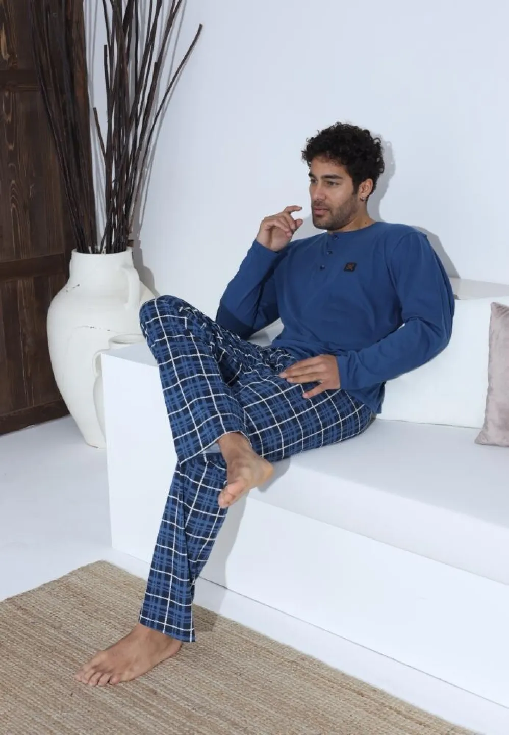Pijama bărbați cu carou, cu nasturi, mânecă lungă și pantaloni lungi, Albastru cu Alb - 5