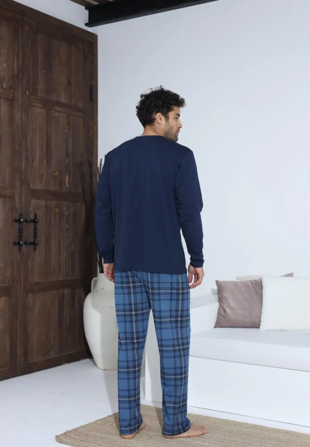 Pijama bărbați cu nasturi, pantaloni lungi și mânecă lungă, Bleumarin - 2