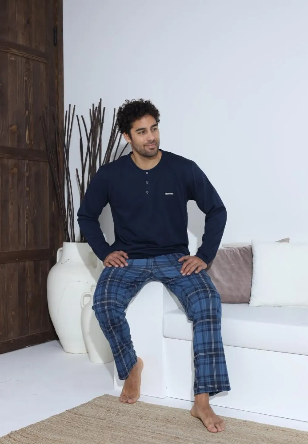 Pijama bărbați cu nasturi, pantaloni lungi și mânecă lungă, Bleumarin - 3