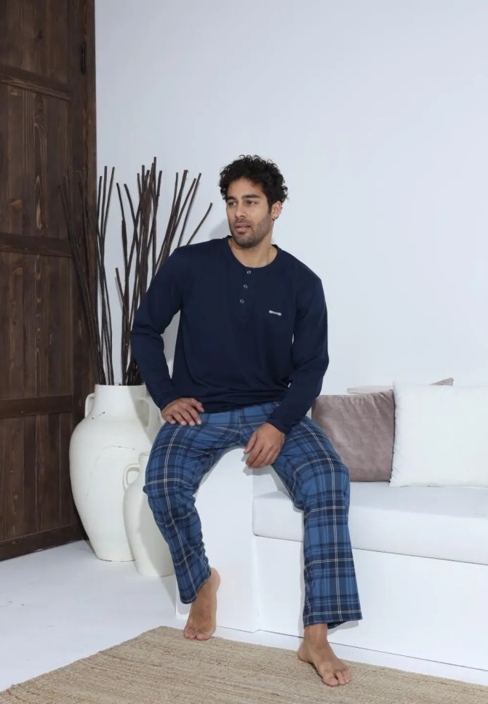 Pijama bărbați cu nasturi, pantaloni lungi și mânecă lungă, Bleumarin - 5