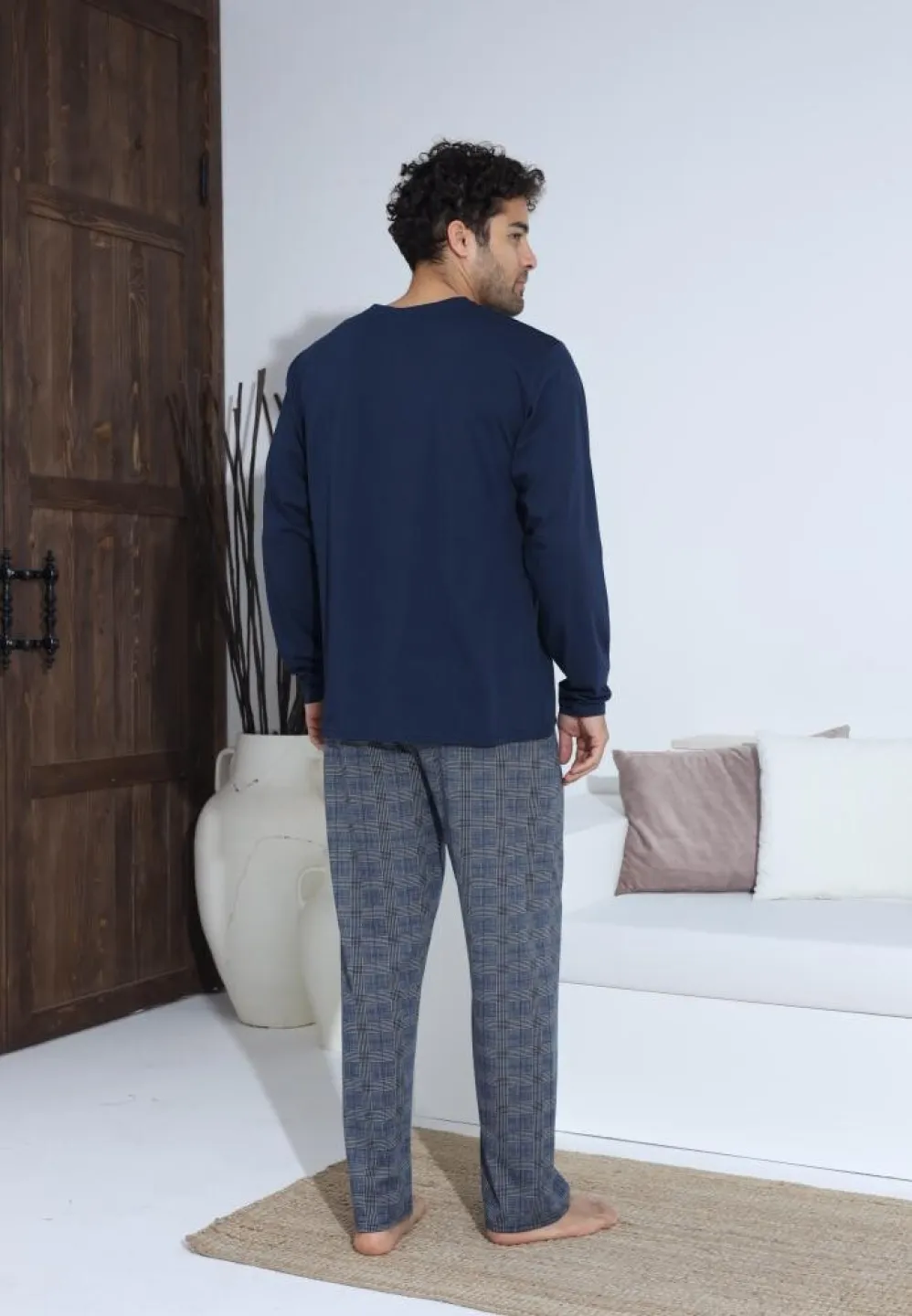 Pijama bărbați cu nasturi, pantaloni lungi și mânecă lungă, Bleumarin - 2