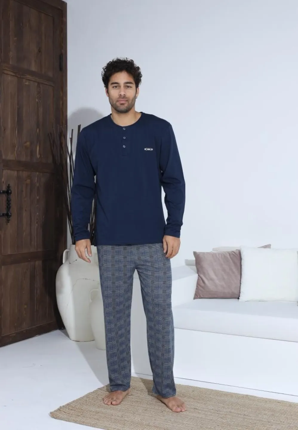 Pijama bărbați cu nasturi, pantaloni lungi și mânecă lungă, Bleumarin - 3