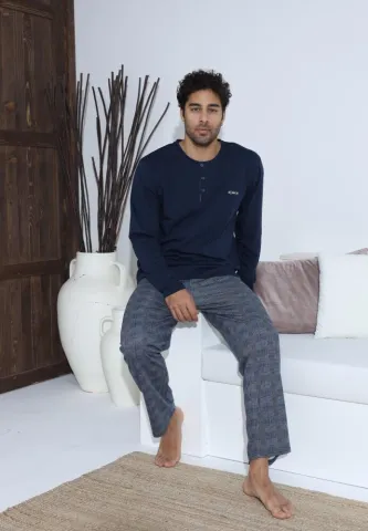 Pijama bărbați cu nasturi, pantaloni lungi și mânecă lungă, Bleumarin