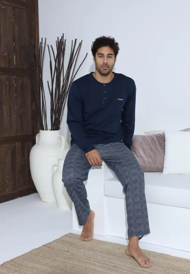 Pijama bărbați cu nasturi, pantaloni lungi și mânecă lungă, Bleumarin
