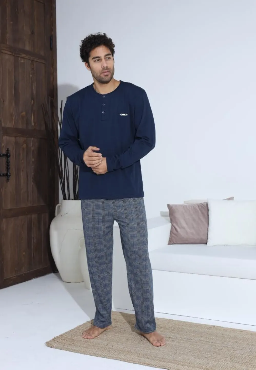 Pijama bărbați cu nasturi, pantaloni lungi și mânecă lungă, Bleumarin - 4