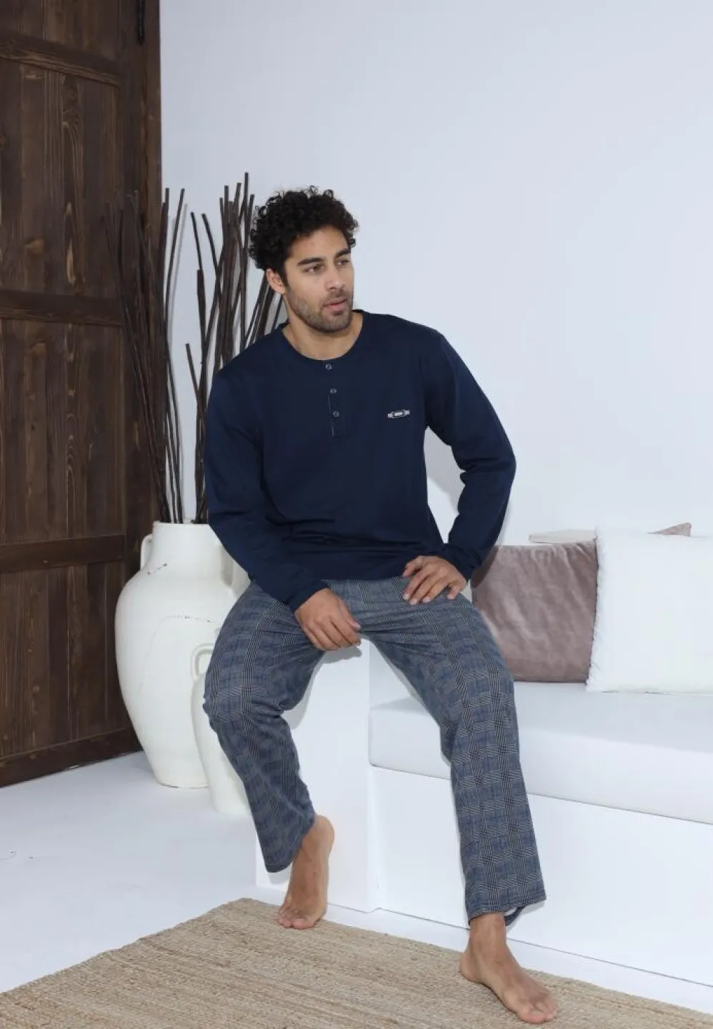 Pijama bărbați cu nasturi, pantaloni lungi și mânecă lungă, Bleumarin - 5