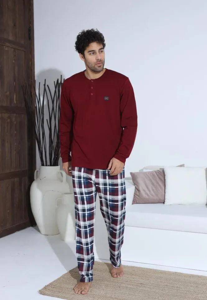 Pijama bărbați cu nasturi, pantaloni lungi și mânecă lungă, Bordo