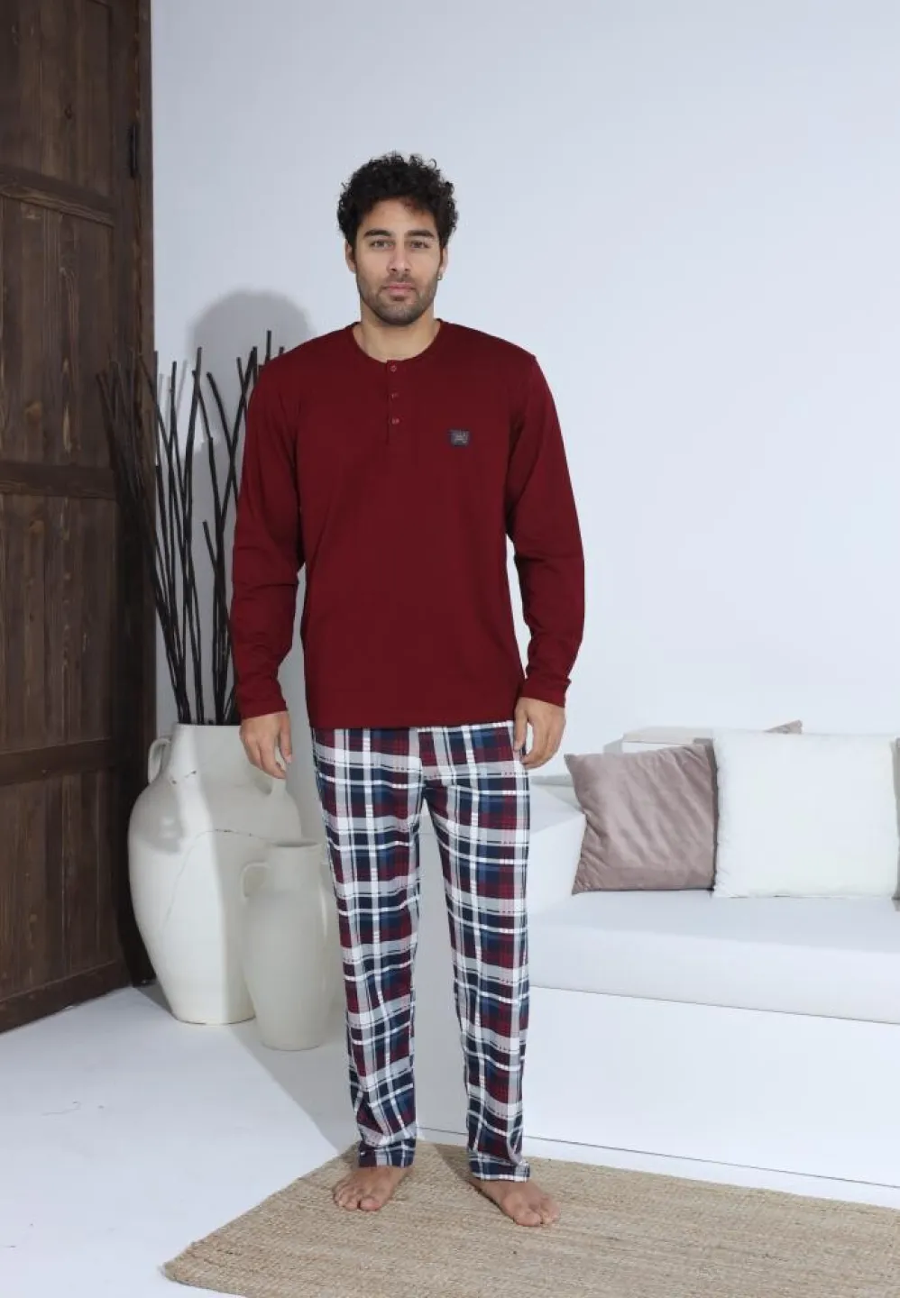 Pijama bărbați cu nasturi, pantaloni lungi și mânecă lungă, Bordo - 3