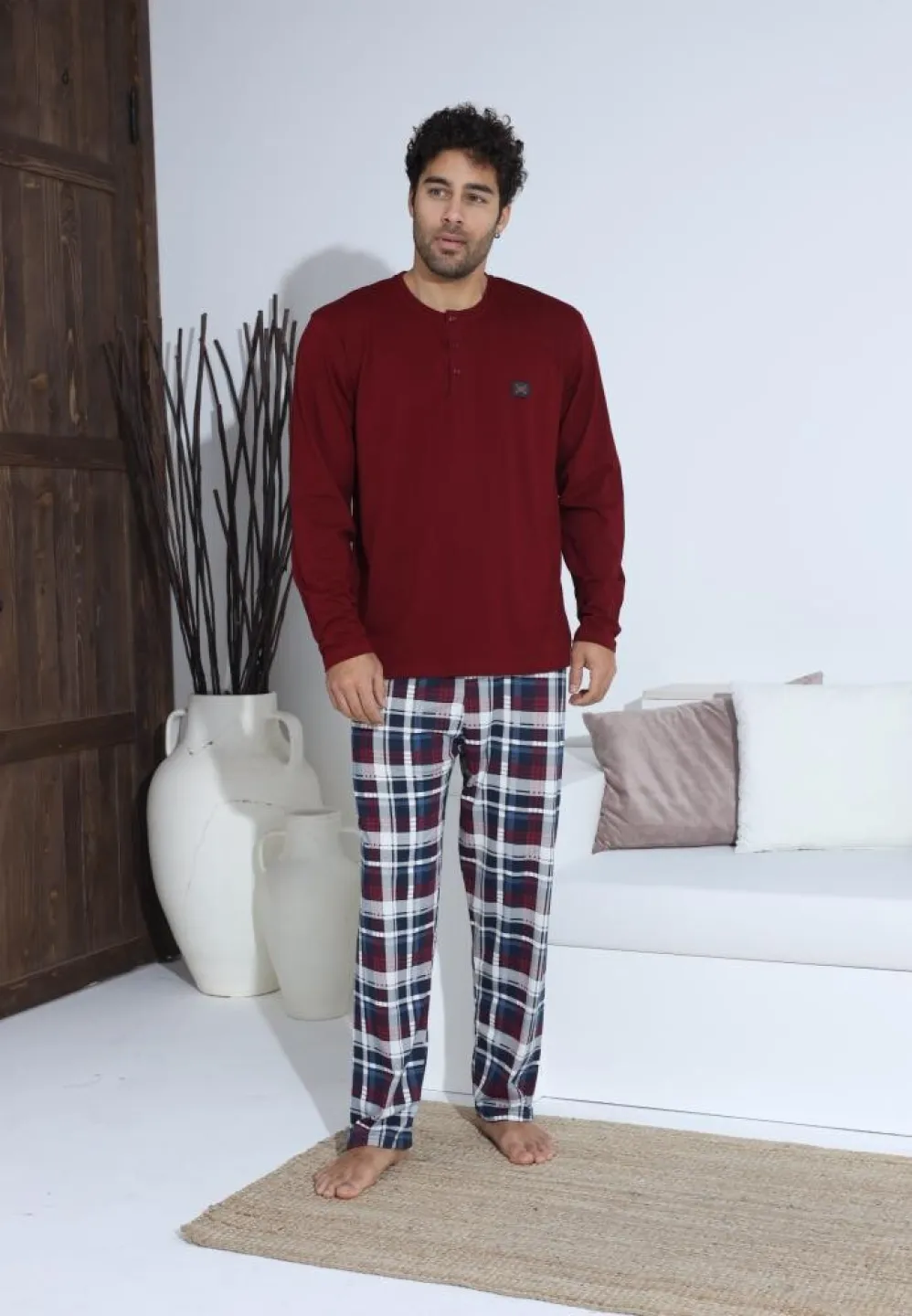 Pijama bărbați cu nasturi, pantaloni lungi și mânecă lungă, Bordo - 4