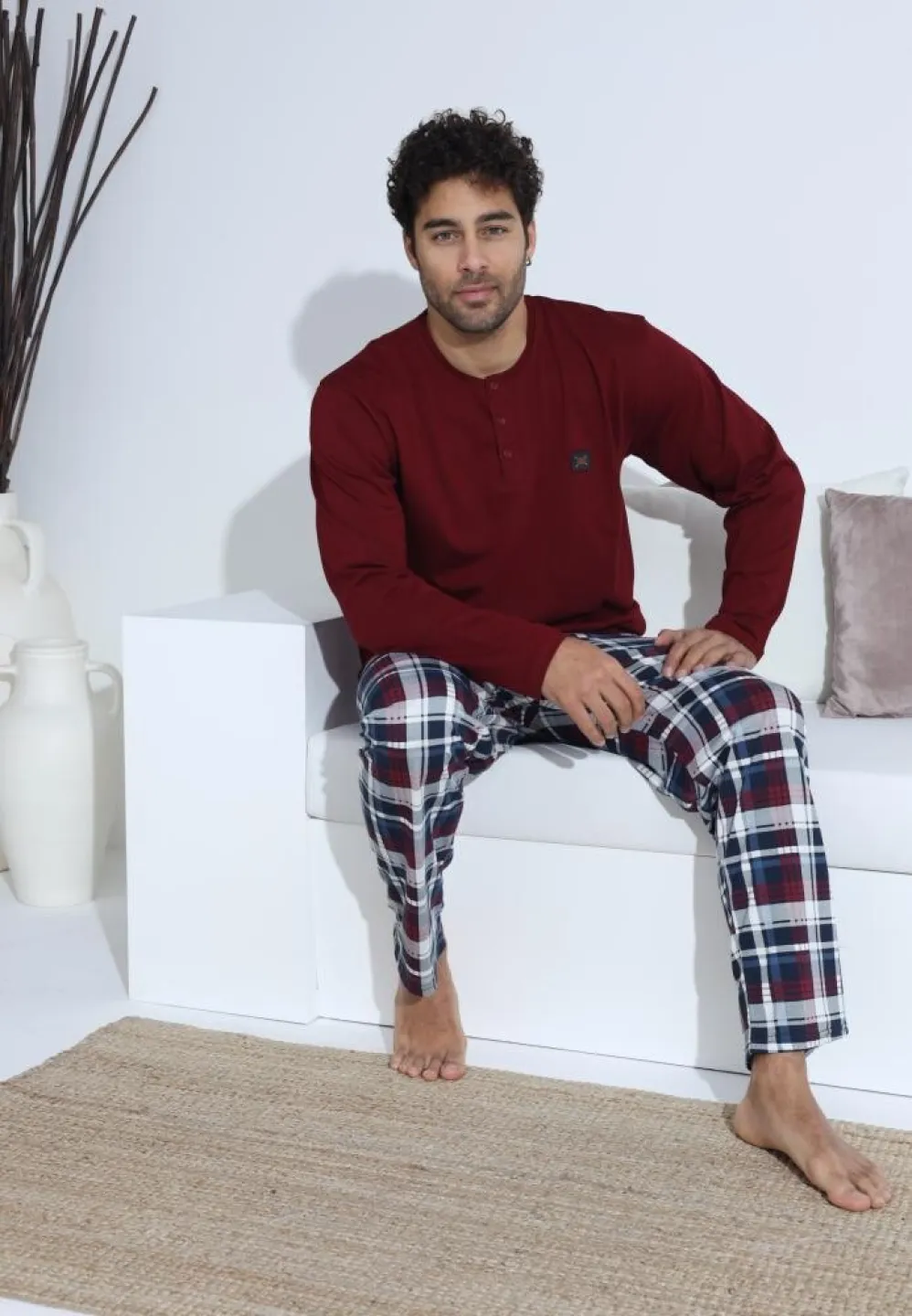 Pijama bărbați cu nasturi, pantaloni lungi și mânecă lungă, Bordo - 5