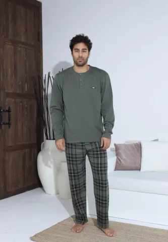 Pijama bărbați cu nasturi, pantaloni lungi și mânecă lungă, Verde