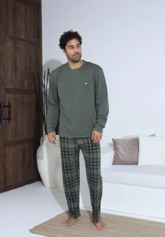 Pijama bărbați cu nasturi, pantaloni lungi și mânecă lungă, Verde hover