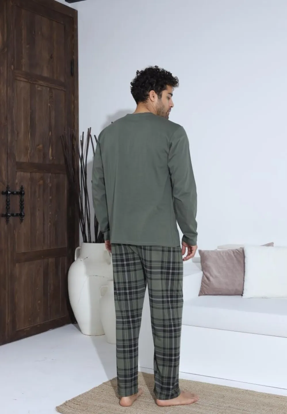 Pijama bărbați cu nasturi, pantaloni lungi și mânecă lungă, Verde - 3
