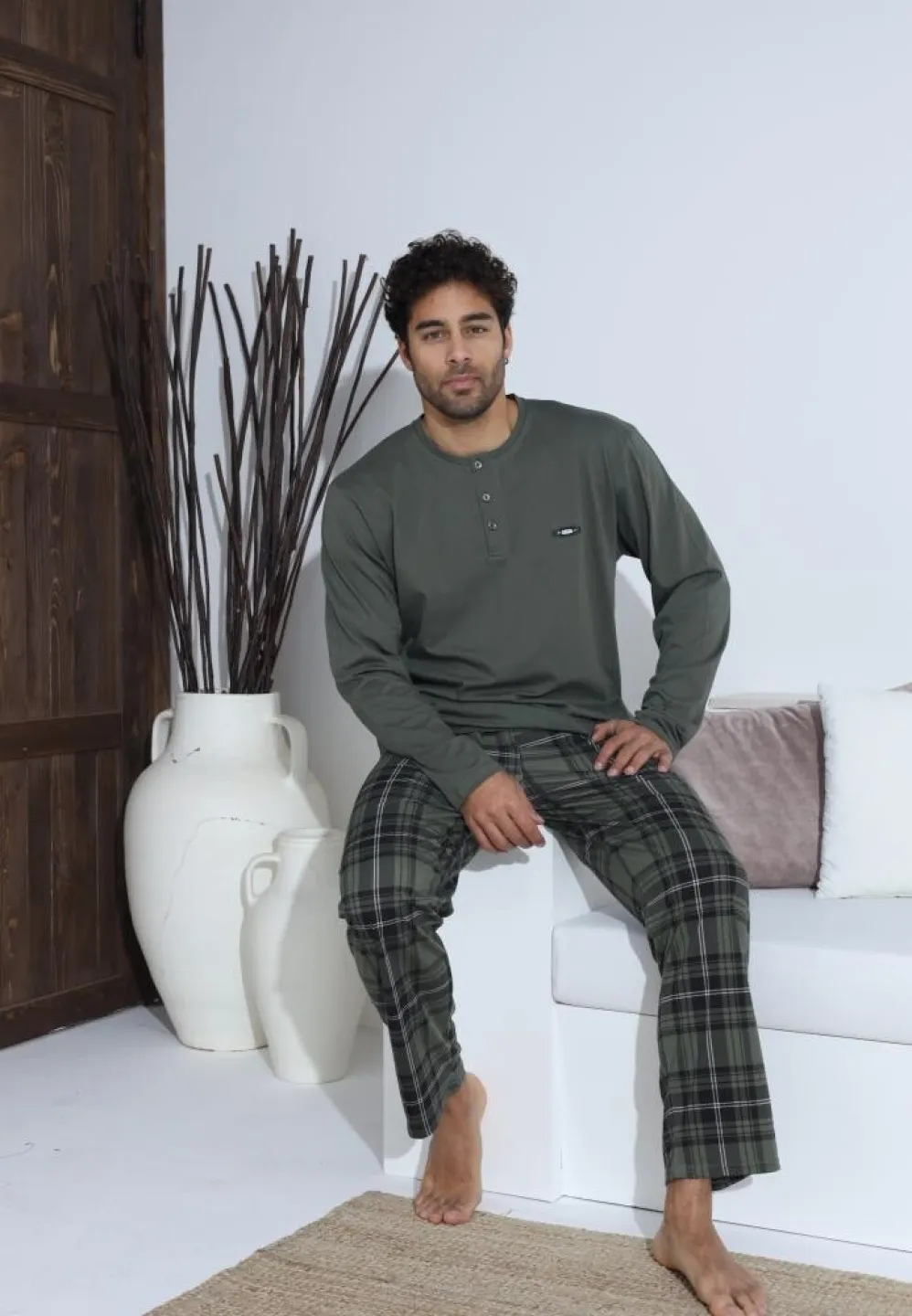Pijama bărbați cu nasturi, pantaloni lungi și mânecă lungă, Verde - 4