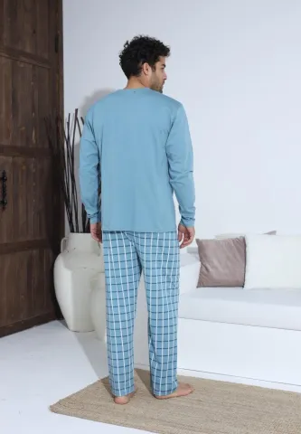 Pijama bărbați cu nasturi, pantaloni lungi și mânecă lungă, Turcoaz hover