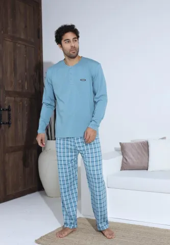 Pijama bărbați cu nasturi, pantaloni lungi și mânecă lungă, Turcoaz