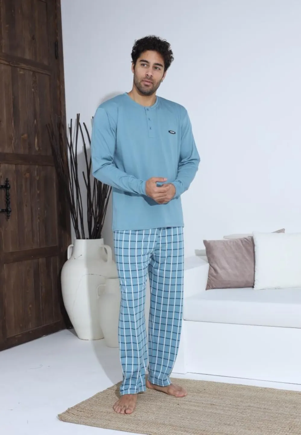 Pijama bărbați cu nasturi, pantaloni lungi și mânecă lungă, Turcoaz - 3