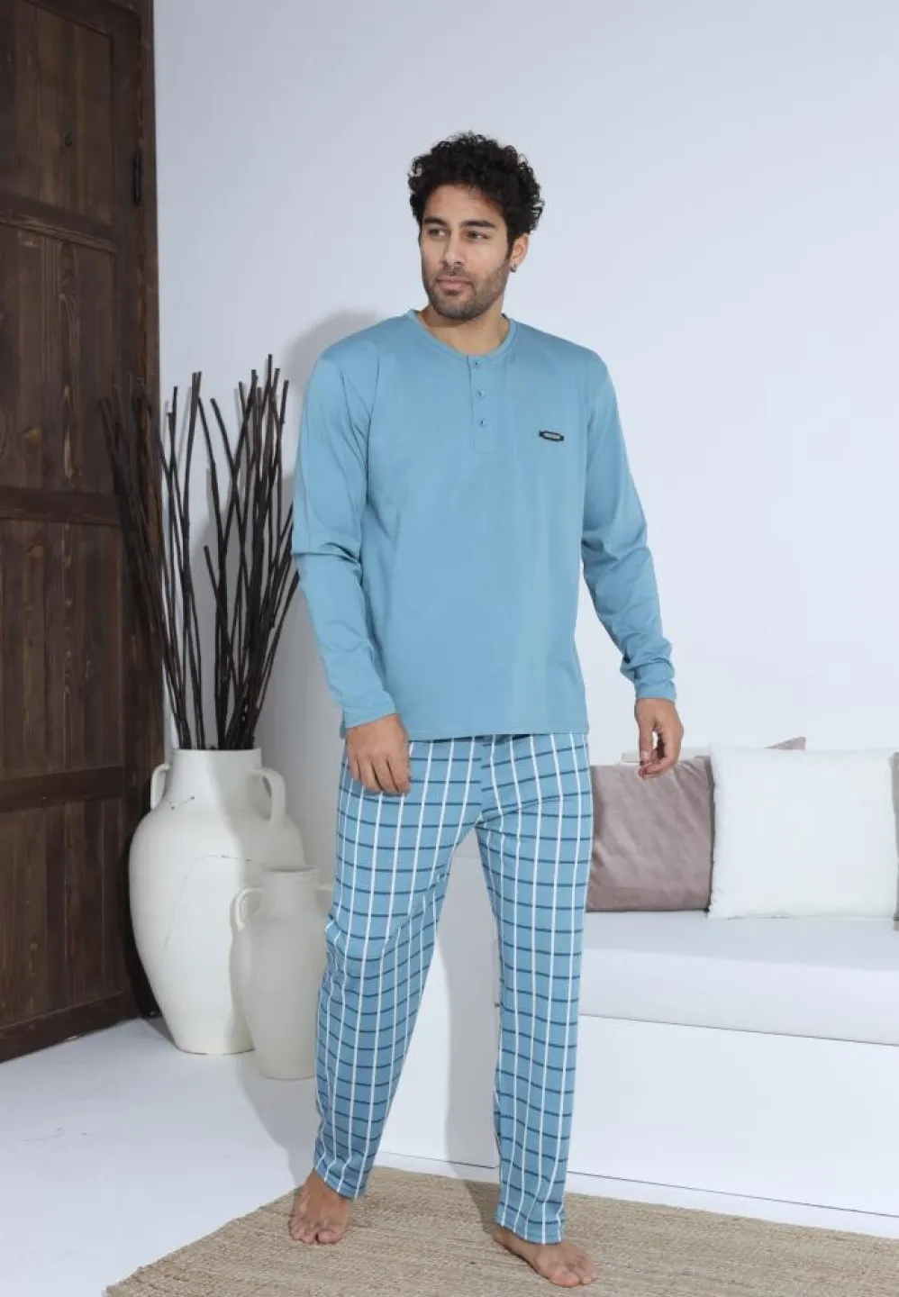 Pijama bărbați cu nasturi, pantaloni lungi și mânecă lungă, Turcoaz - 4