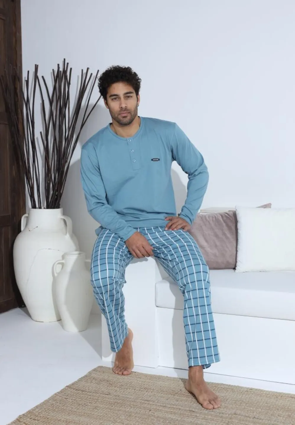 Pijama bărbați cu nasturi, pantaloni lungi și mânecă lungă, Turcoaz - 5