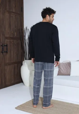Pijama bărbați cu nasturi, pantaloni lungi și mânecă lungă, Negru hover