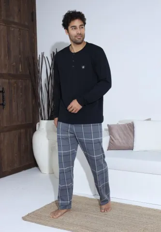 Pijama bărbați cu nasturi, pantaloni lungi și mânecă lungă, Negru