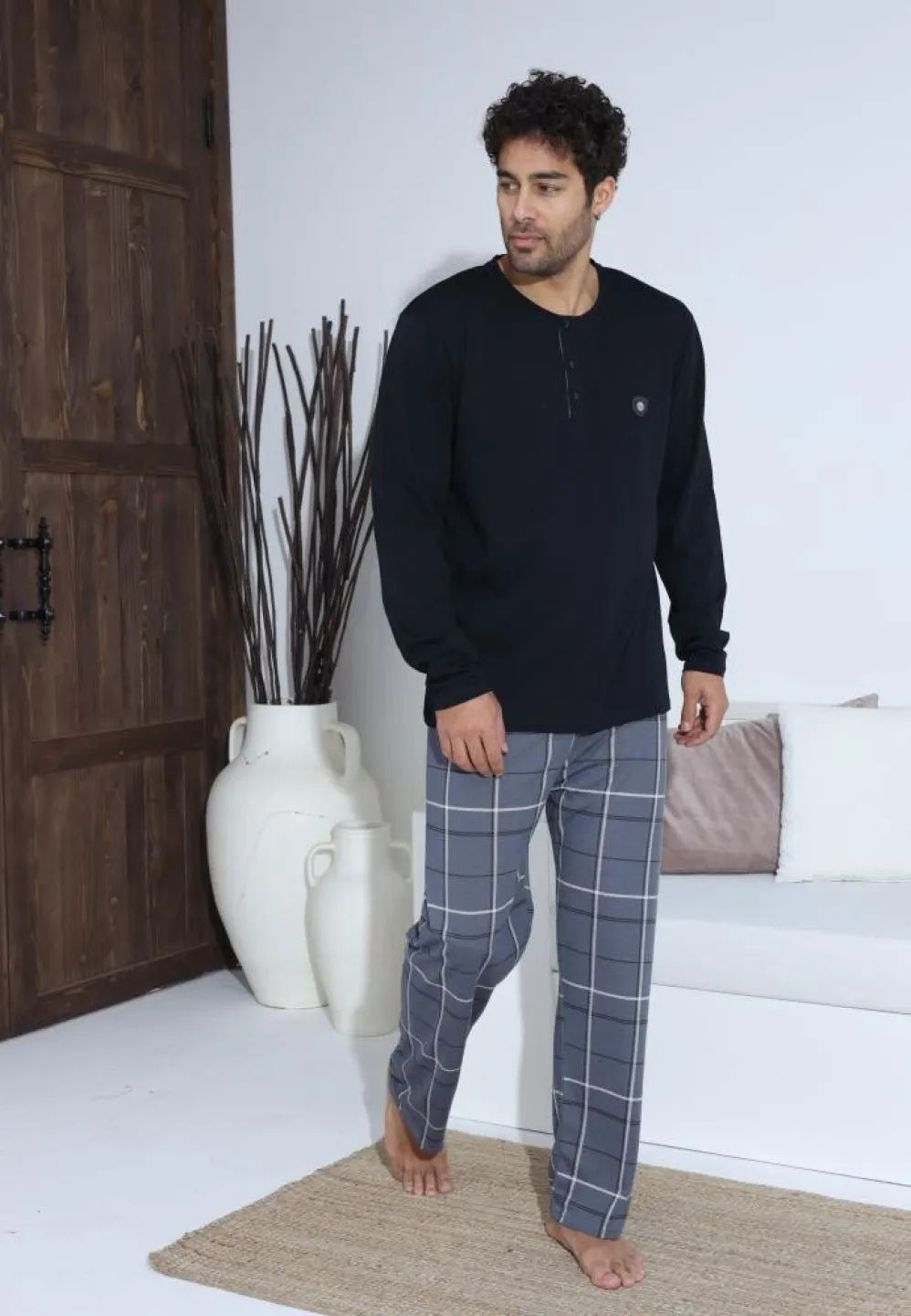 Pijama bărbați cu nasturi, pantaloni lungi și mânecă lungă, Negru - 3