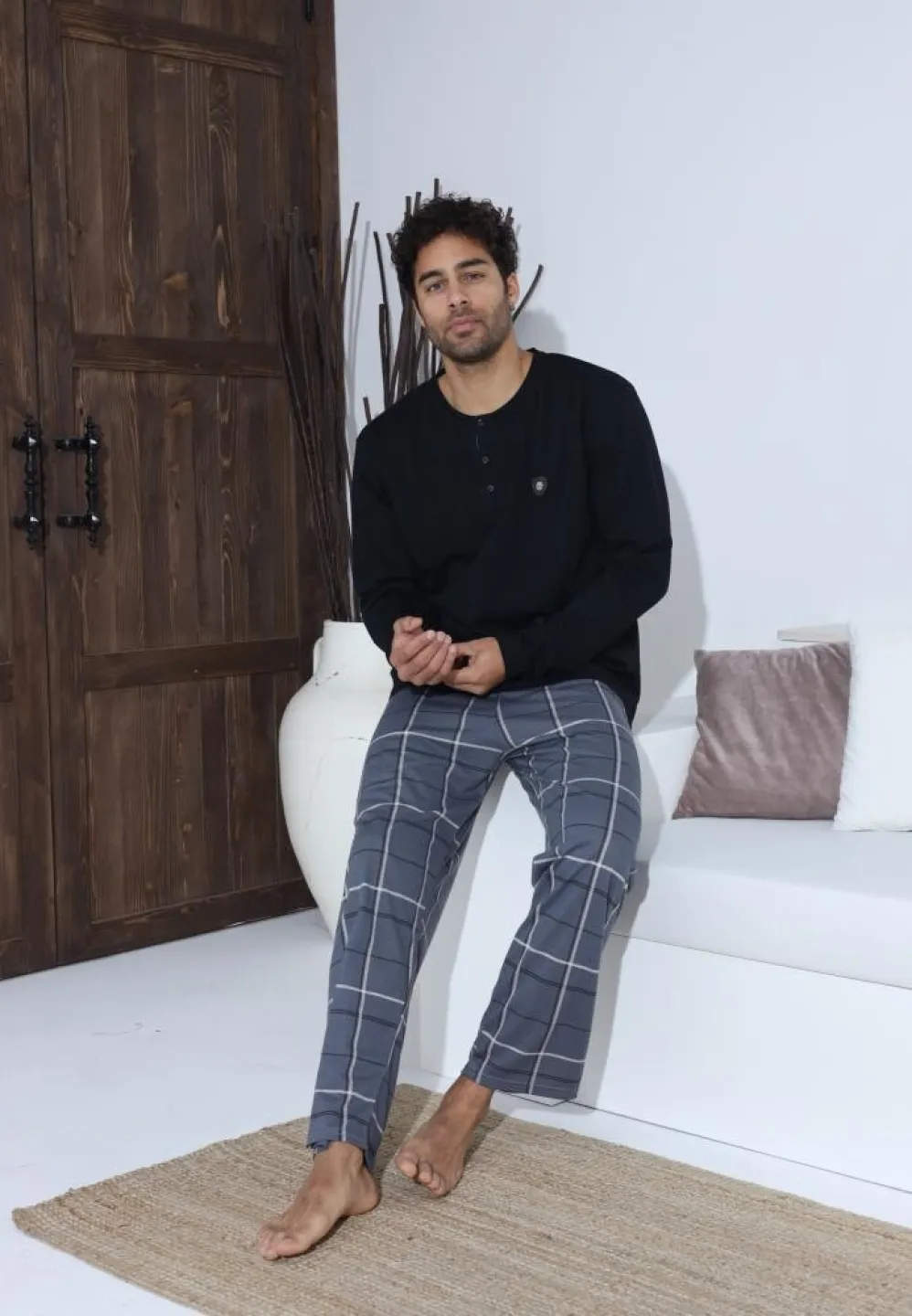 Pijama bărbați cu nasturi, pantaloni lungi și mânecă lungă, Negru - 4