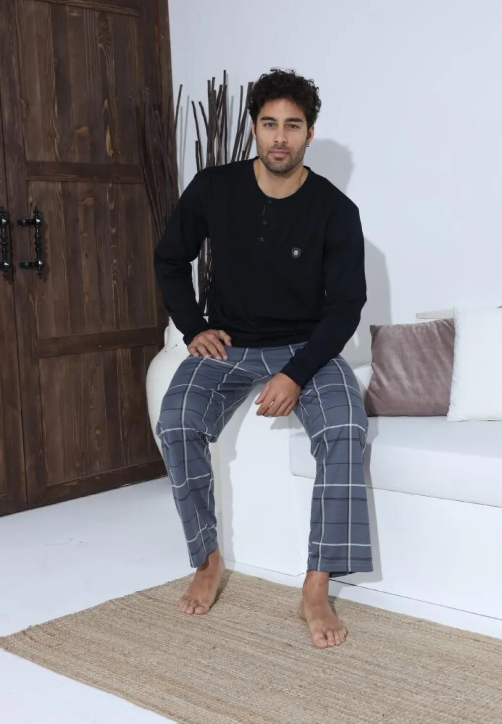 Pijama bărbați cu nasturi, pantaloni lungi și mânecă lungă, Negru - 5