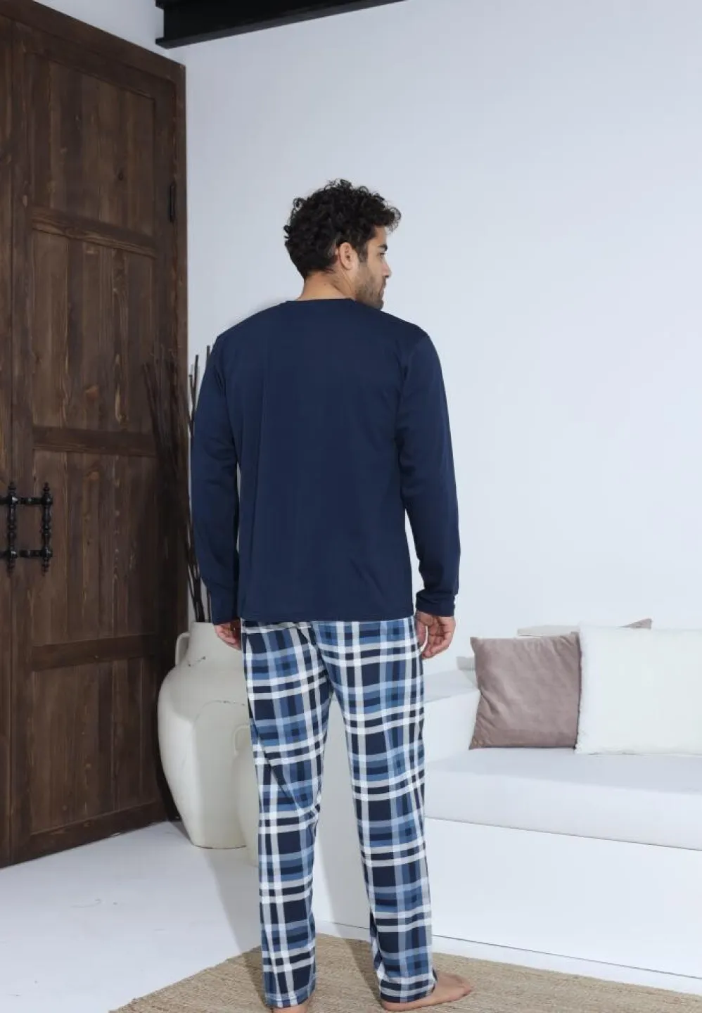 Pijama bărbați cu nasturi, pantaloni lungi și mânecă lungă, Bleumarin - 2