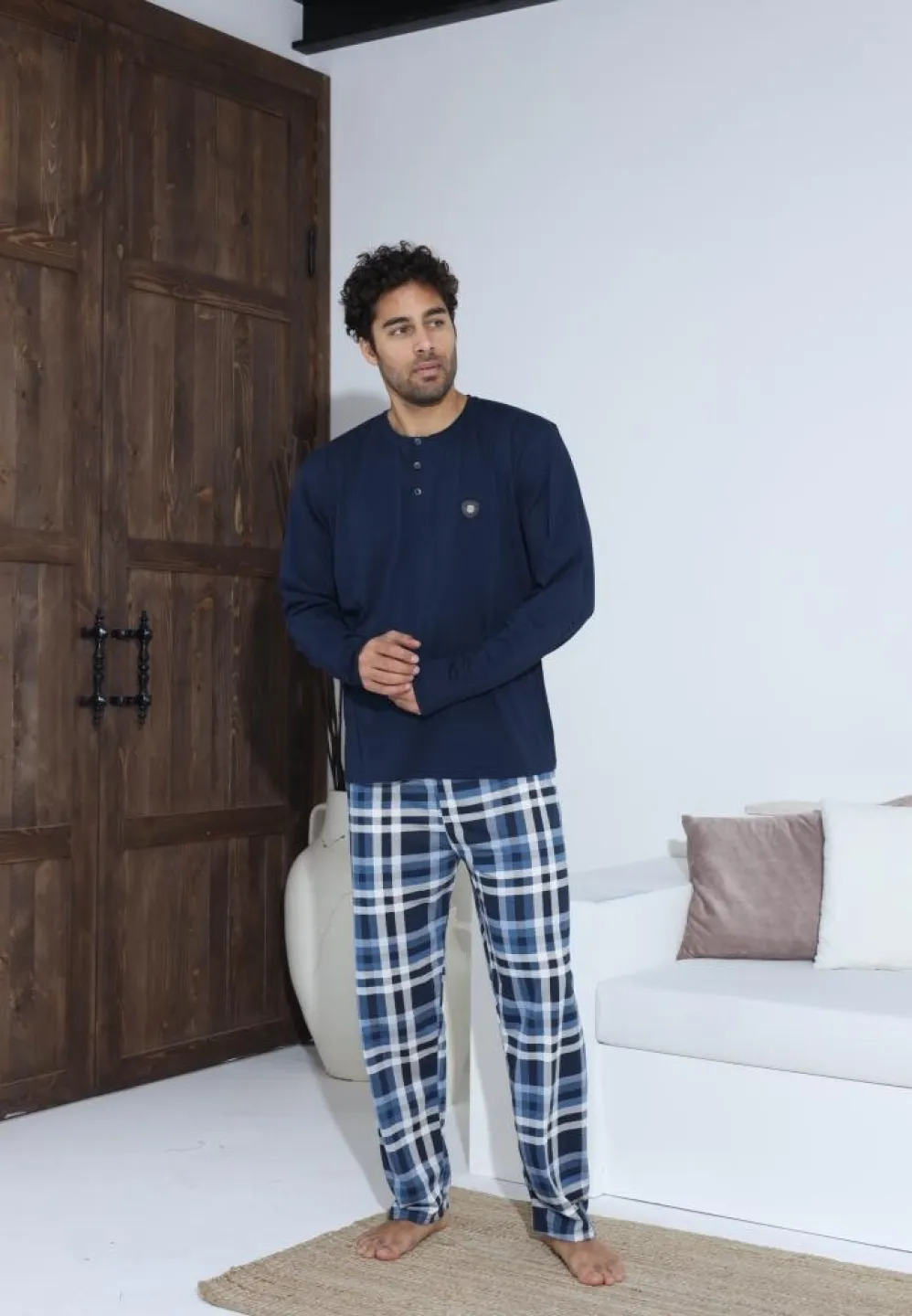 Pijama bărbați cu nasturi, pantaloni lungi și mânecă lungă, Bleumarin - 1