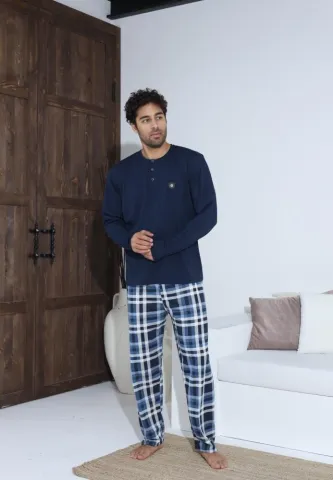 Pijama bărbați cu nasturi, pantaloni lungi și mânecă lungă, Bleumarin