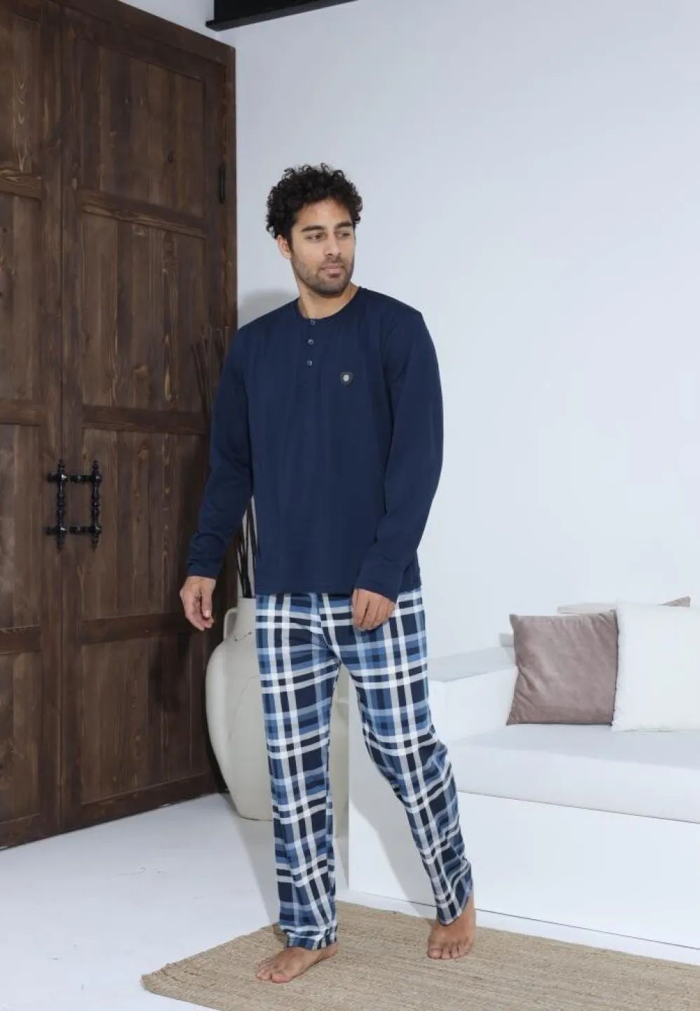 Pijama bărbați cu nasturi, pantaloni lungi și mânecă lungă, Bleumarin - 3