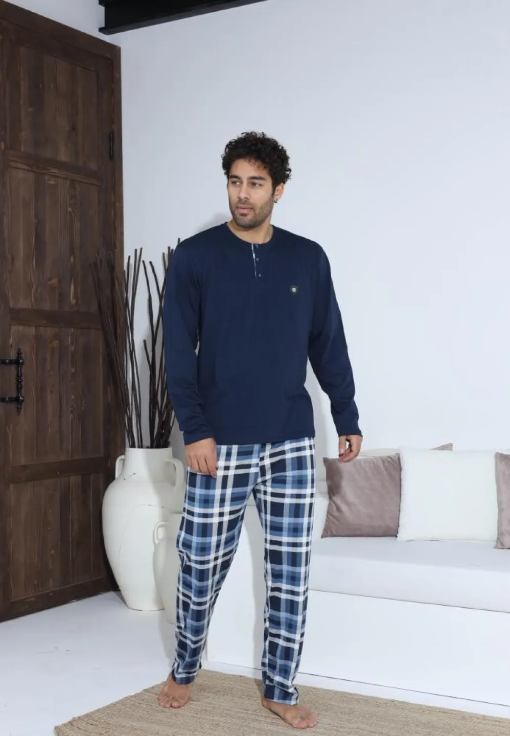 Pijama bărbați cu nasturi, pantaloni lungi și mânecă lungă, Bleumarin - 4