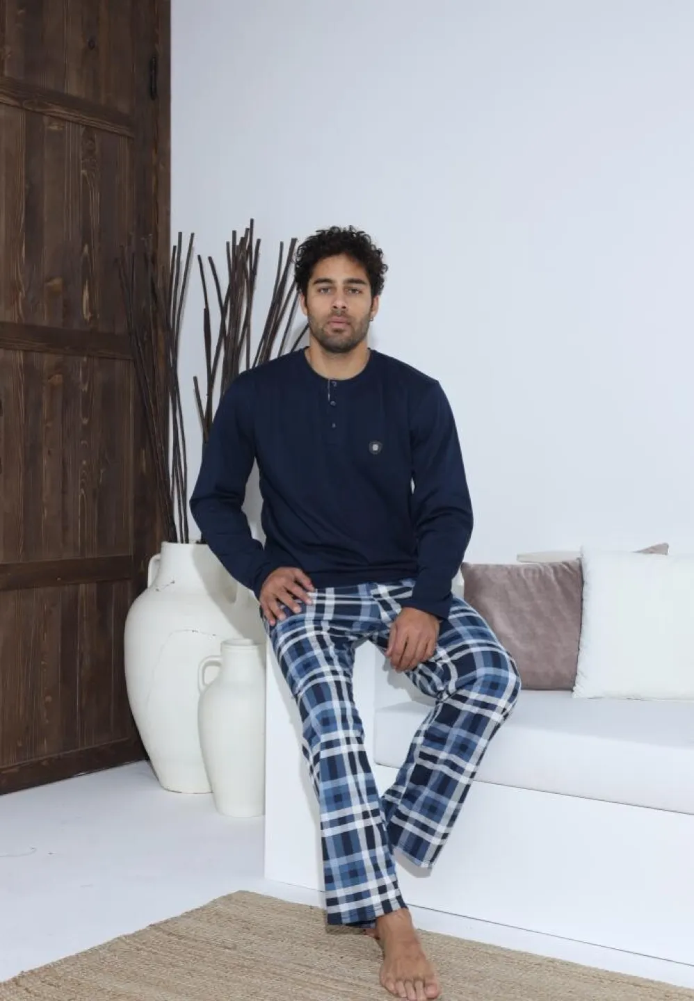 Pijama bărbați cu nasturi, pantaloni lungi și mânecă lungă, Bleumarin - 5