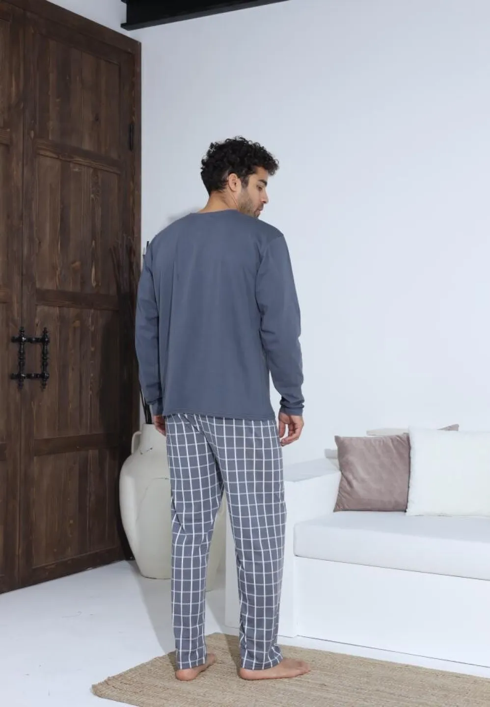 Pijama bărbați cu nasturi, pantaloni lungi și mânecă lungă, Gri - 2