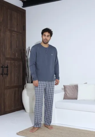 Pijama Barbati ,Maneca si Pantaloni Lungi,Culoare Gri cu Alb