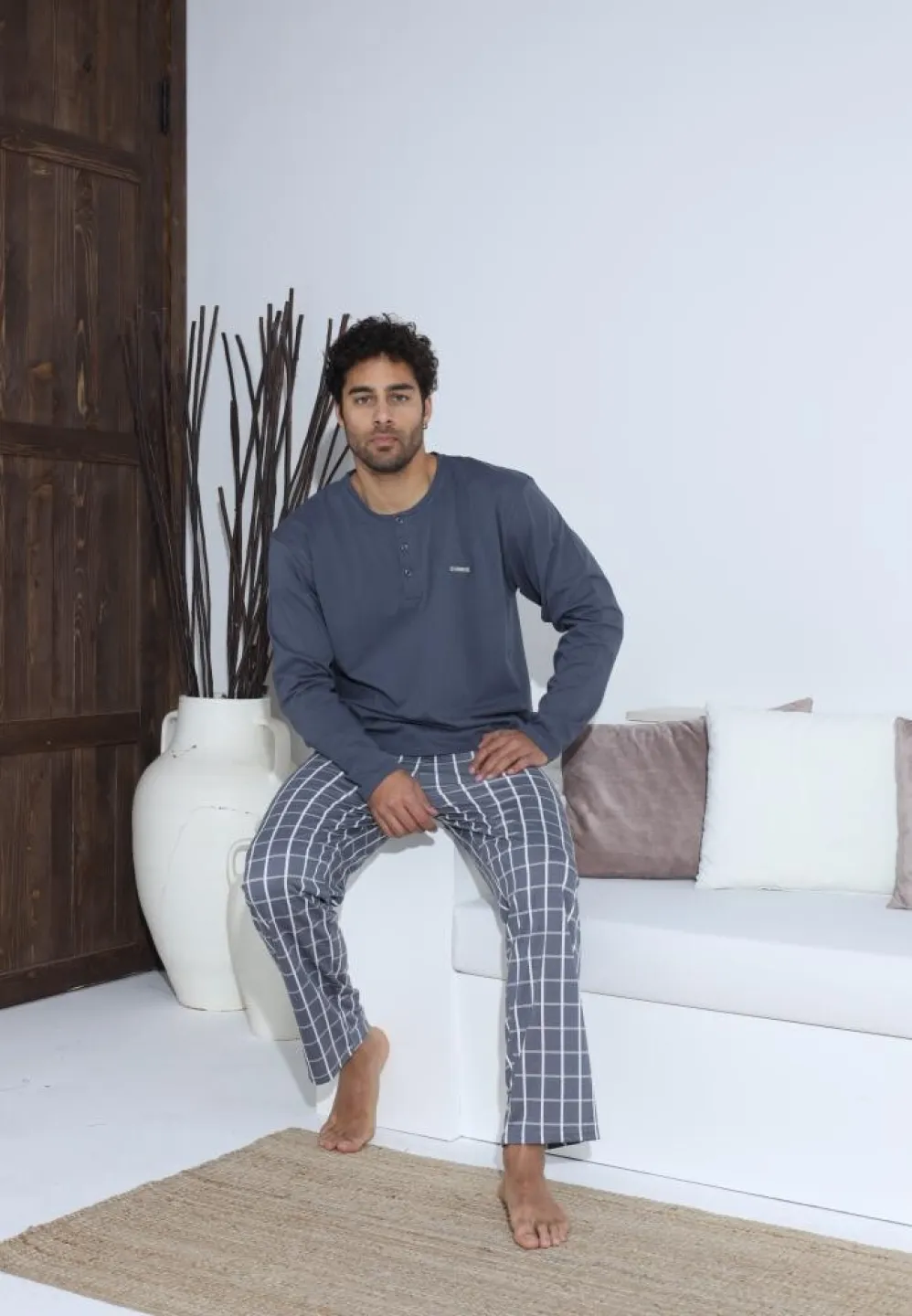 Pijama bărbați cu nasturi, pantaloni lungi și mânecă lungă, Gri - 3