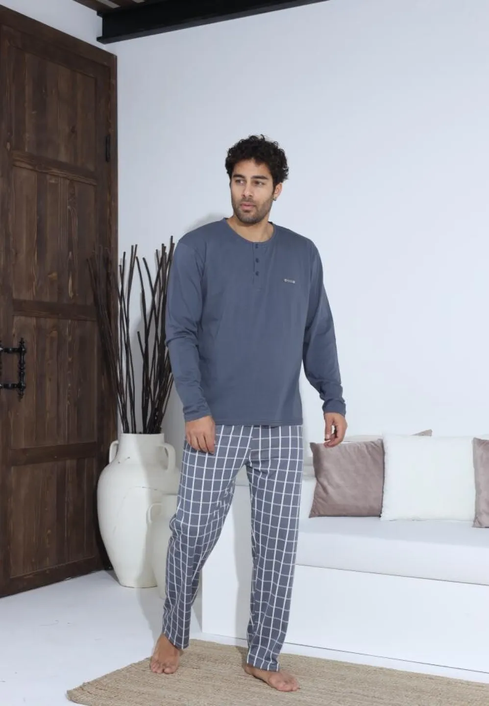 Pijama bărbați cu nasturi, pantaloni lungi și mânecă lungă, Gri - 4