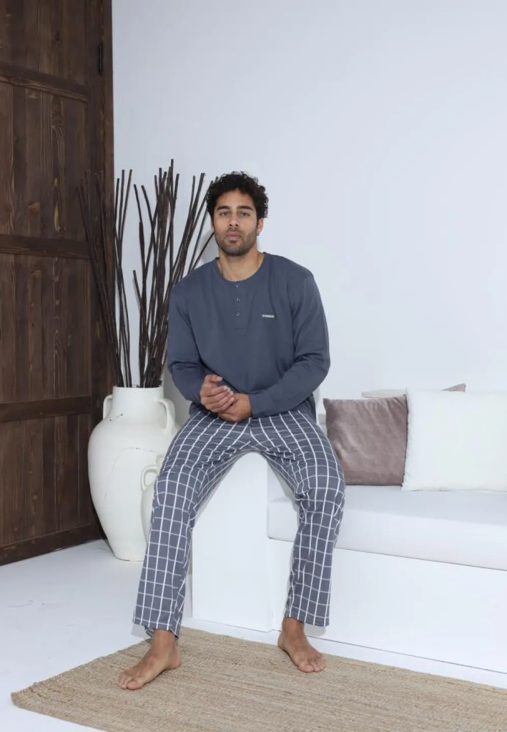 Pijama bărbați cu nasturi, pantaloni lungi și mânecă lungă, Gri - 5