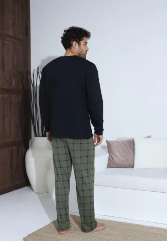 Pijama bărbați cu nasturi, pantaloni lungi Negru și mânecă lungă Verde hover