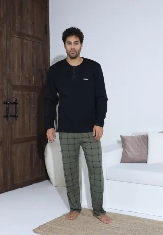 Pijama bărbați cu nasturi, pantaloni lungi Negru și mânecă lungă Verde