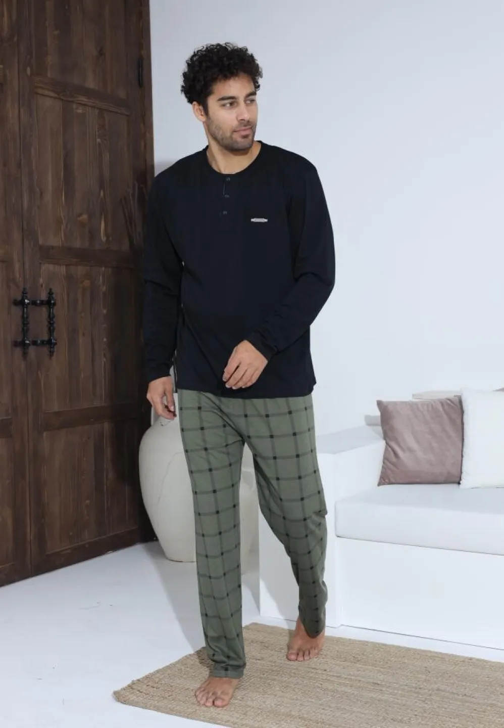 Pijama bărbați cu nasturi, pantaloni lungi Negru și mânecă lungă Verde - 3