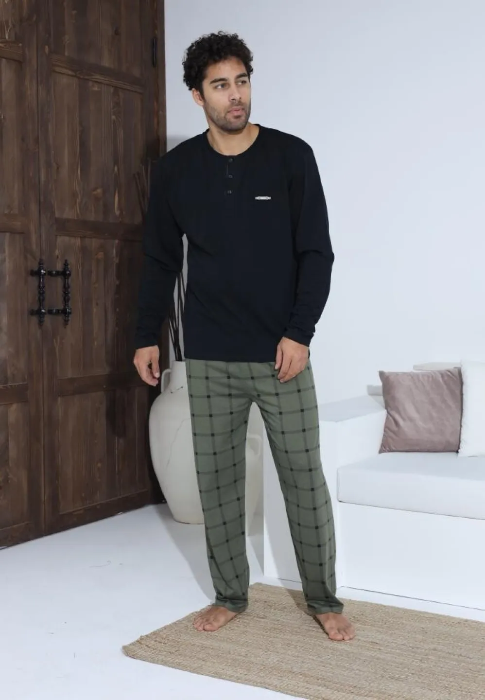 Pijama bărbați cu nasturi, pantaloni lungi Negru și mânecă lungă Verde - 4