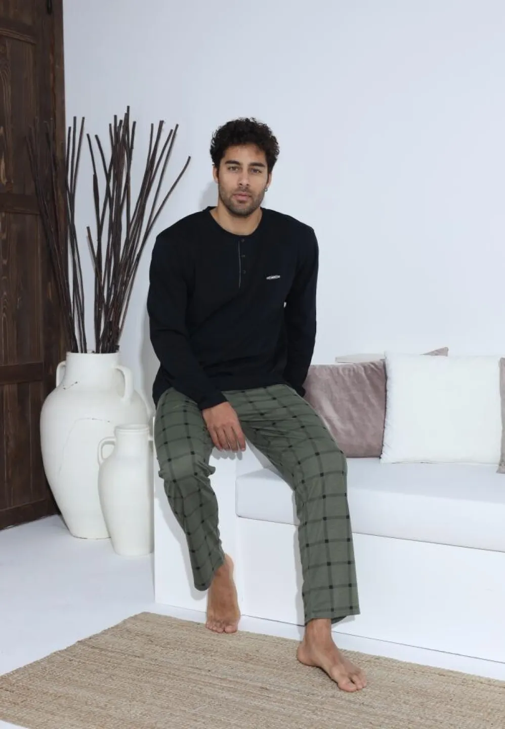Pijama bărbați cu nasturi, pantaloni lungi Negru și mânecă lungă Verde - 5