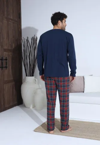 Pijama bărbați cu nasturi, pantaloni lungi Roșu și mânecă lungă Bleumarin hover