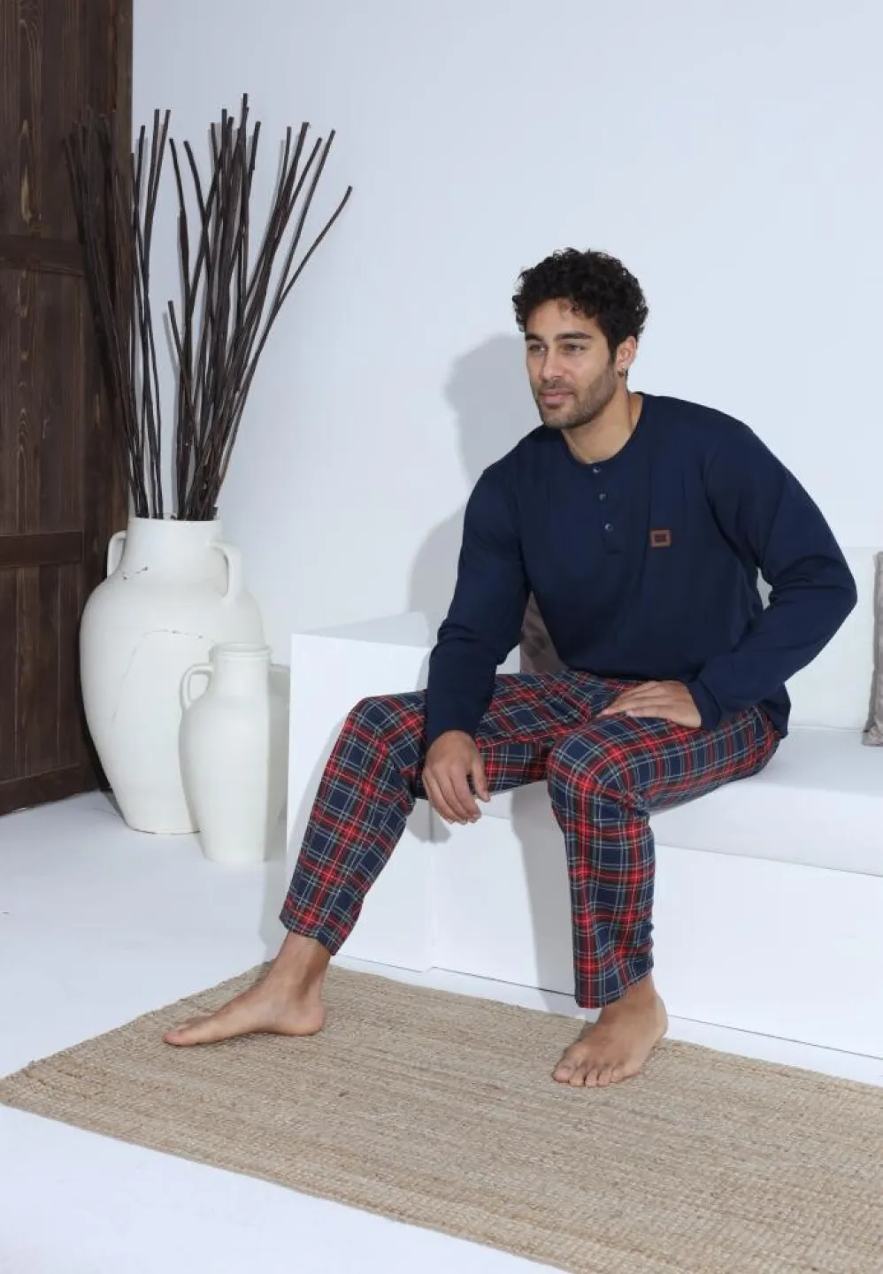 Pijama bărbați cu nasturi, pantaloni lungi Roșu și mânecă lungă Bleumarin - 3