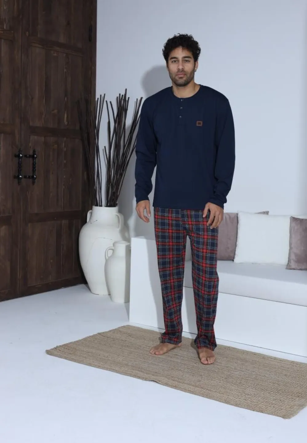 Pijama bărbați cu nasturi, pantaloni lungi Roșu și mânecă lungă Bleumarin - 4
